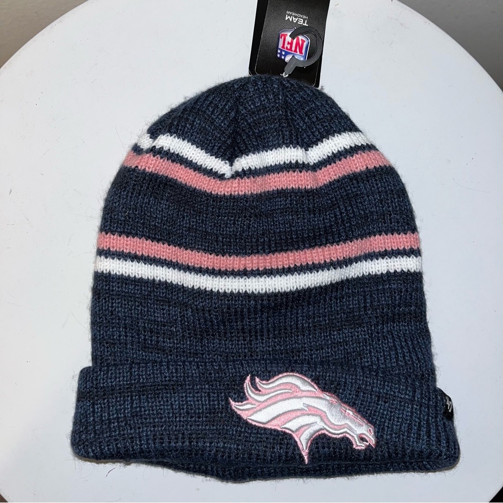 New 47 Brand Denver Broncos Marled Stripe Cuff Knit Beanie Hat Cap Blue Pink